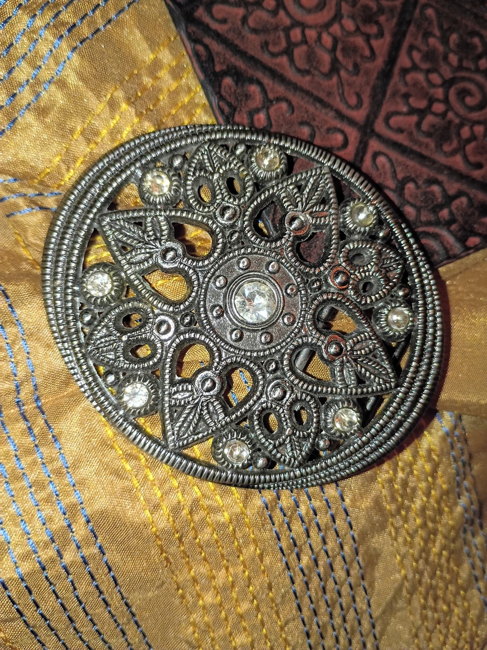 Intricate Black Filigree Oval Belt buckle with Clear Crystals